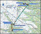 karte mit wegstrecken des fussmarsches bei ammarnaes, des helikopterflugs von ammarnaes nach adolfstroem, des fussmarsches bei adolfstroem, sowie der bootsfahrt von adolfstroem nach baeverholmen, plus hoehenprofil des helikopterfluges
