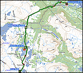 karte und hoehenprofil der wanderung auf dem kungsleden von baeverholmen zum bivak nahe des tiegnalis
