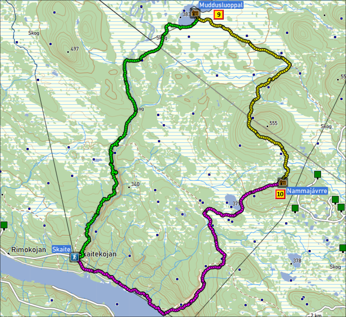 zurueckgelegte wegstrecken im muddus nationalpark mit tageszielen