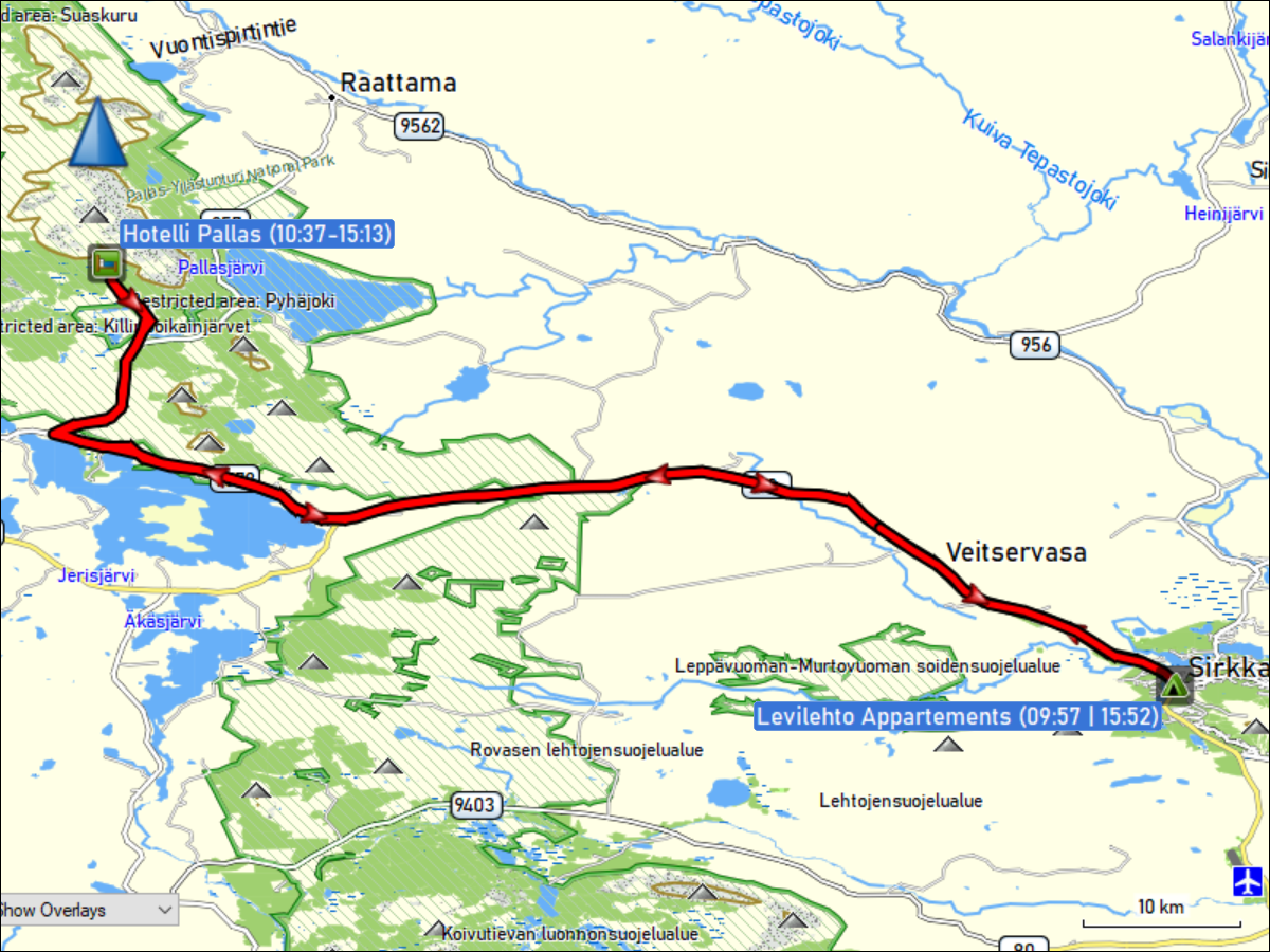 wegstrecke der fahrt von den levilehto appartements zum hotelli pallas im pallas-yllaestunturi nationalpark und zurueck