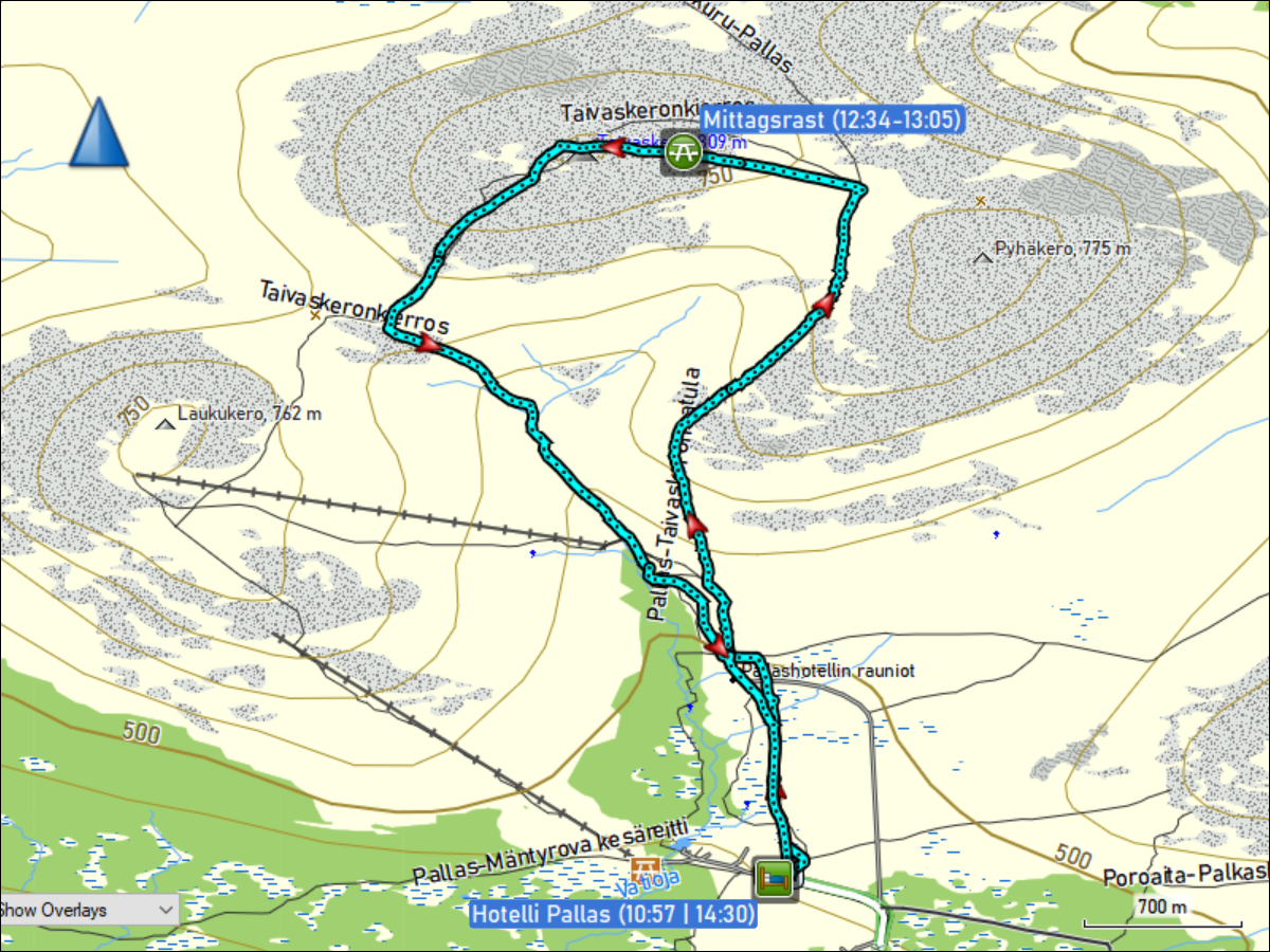 wegstrecke der schneeschuhwanderung im pallas-yllaestunturi nationalpark