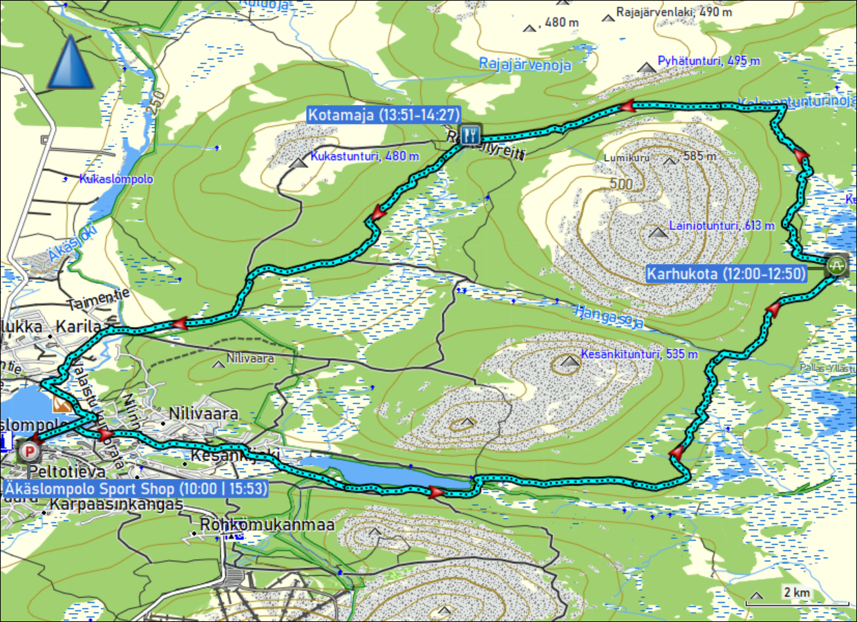 wegstrecke der langlauf-tour aekaeslompolo - karhukota - kotamaja - aekaeslompolo