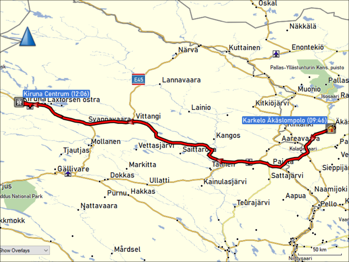 wegstrecke der fahrt von aekaeslompolo nach kiruna