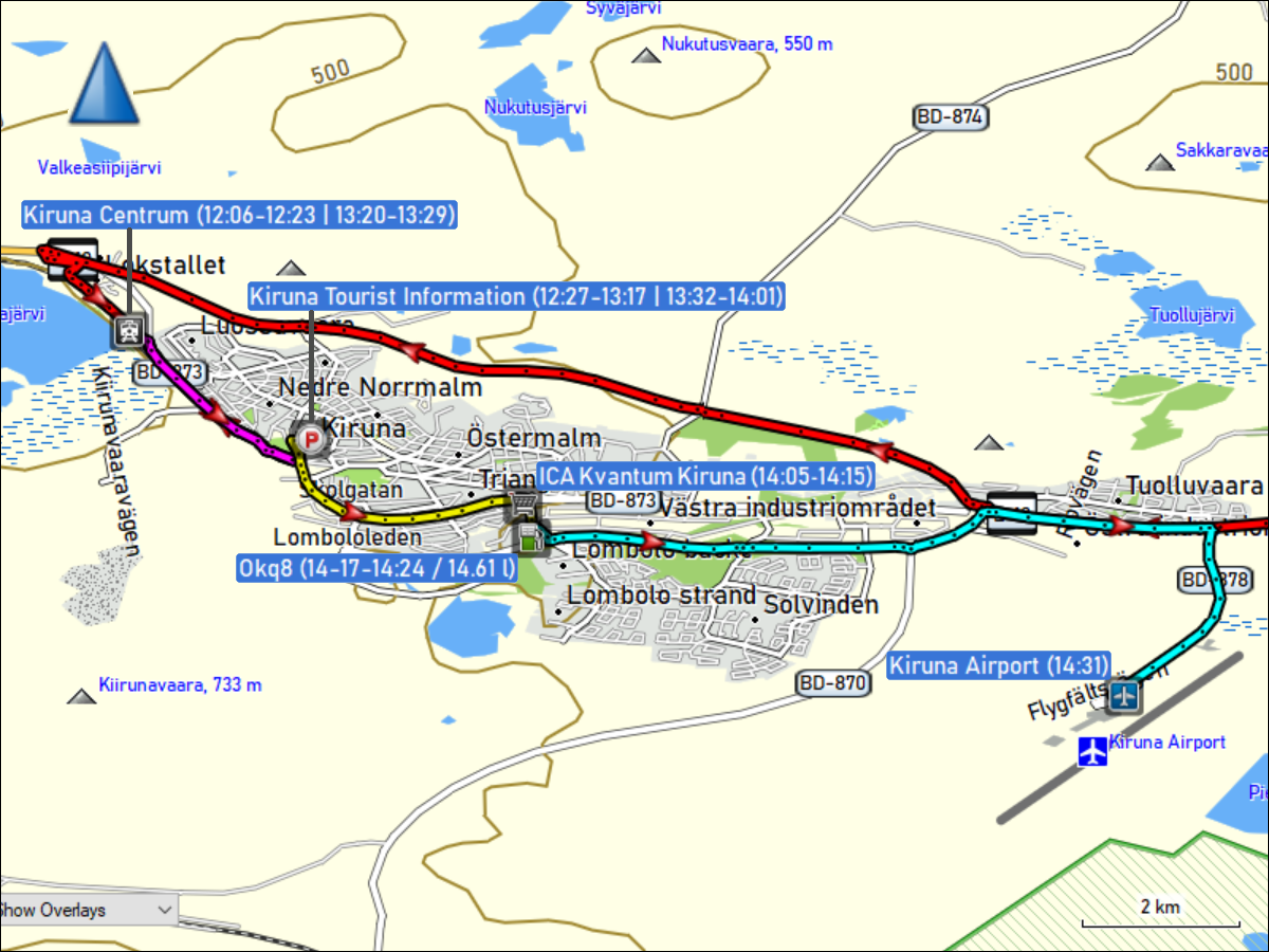 wegstrecke der fahrten in kiruna
