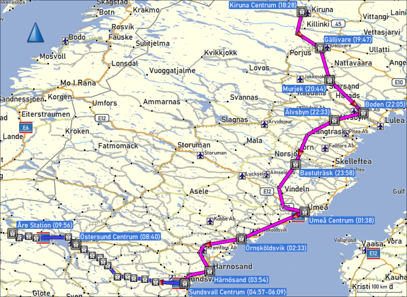 wegstrecke der fahrt mit dem nachtzug von kiruna nach sundsvall sowie mit dem regionalzug von sundsvall nach are