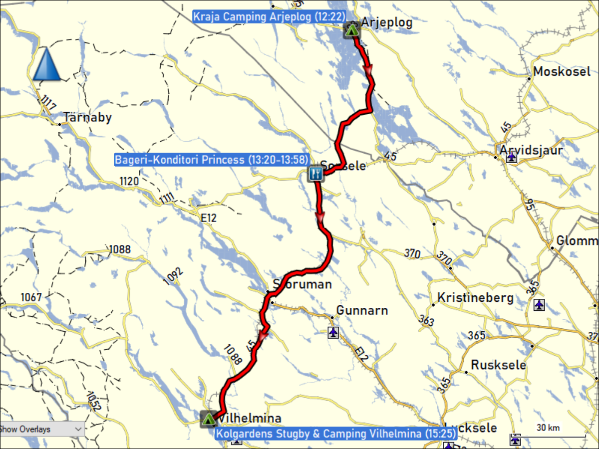 wegstrecke der fahrt vom kraja camping arjeplog zum kolgardens stugby & camping vilhelmina