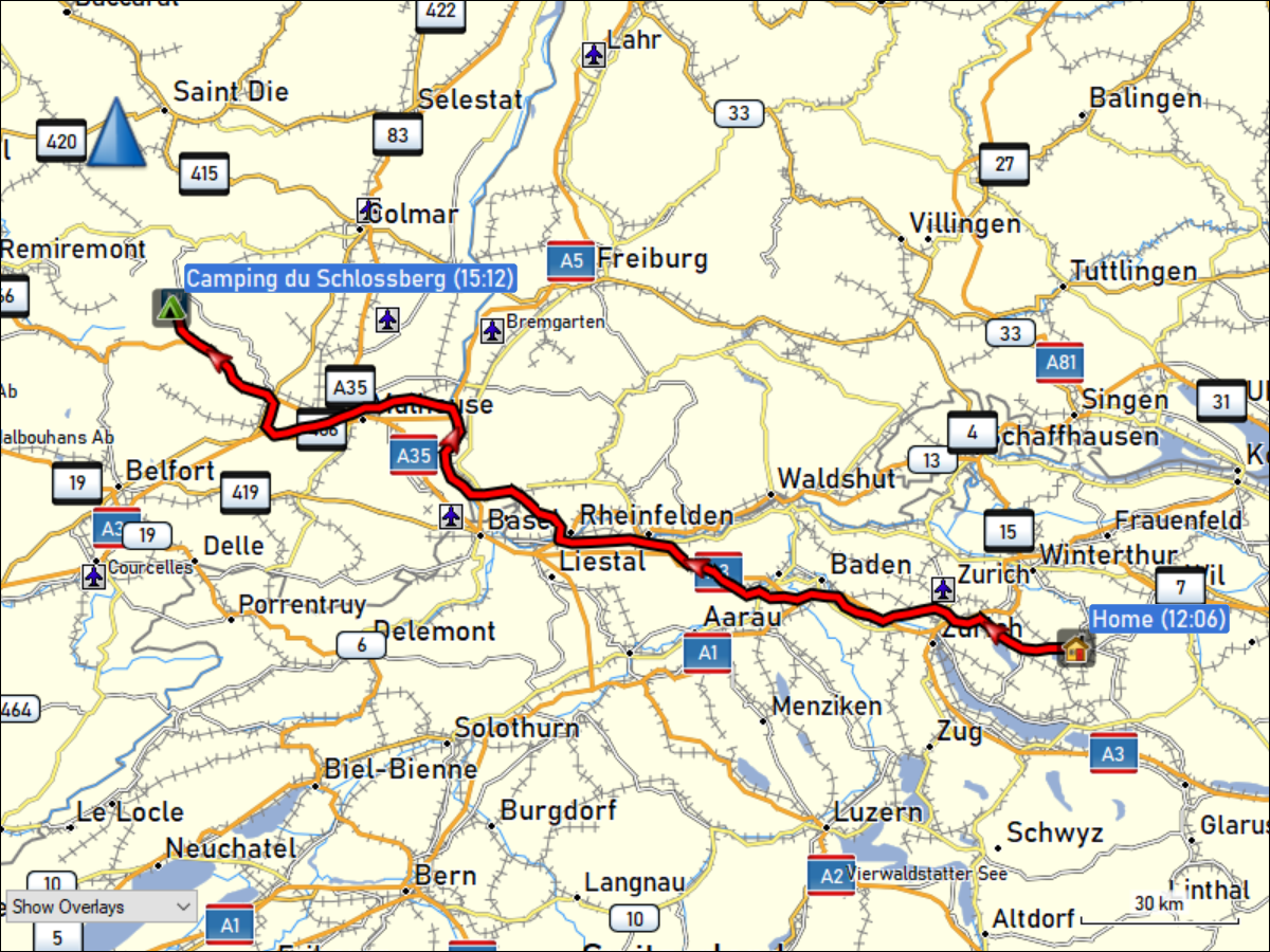 wegstrecke der fahrt von daheim zum camping du schlossberg bei kruth