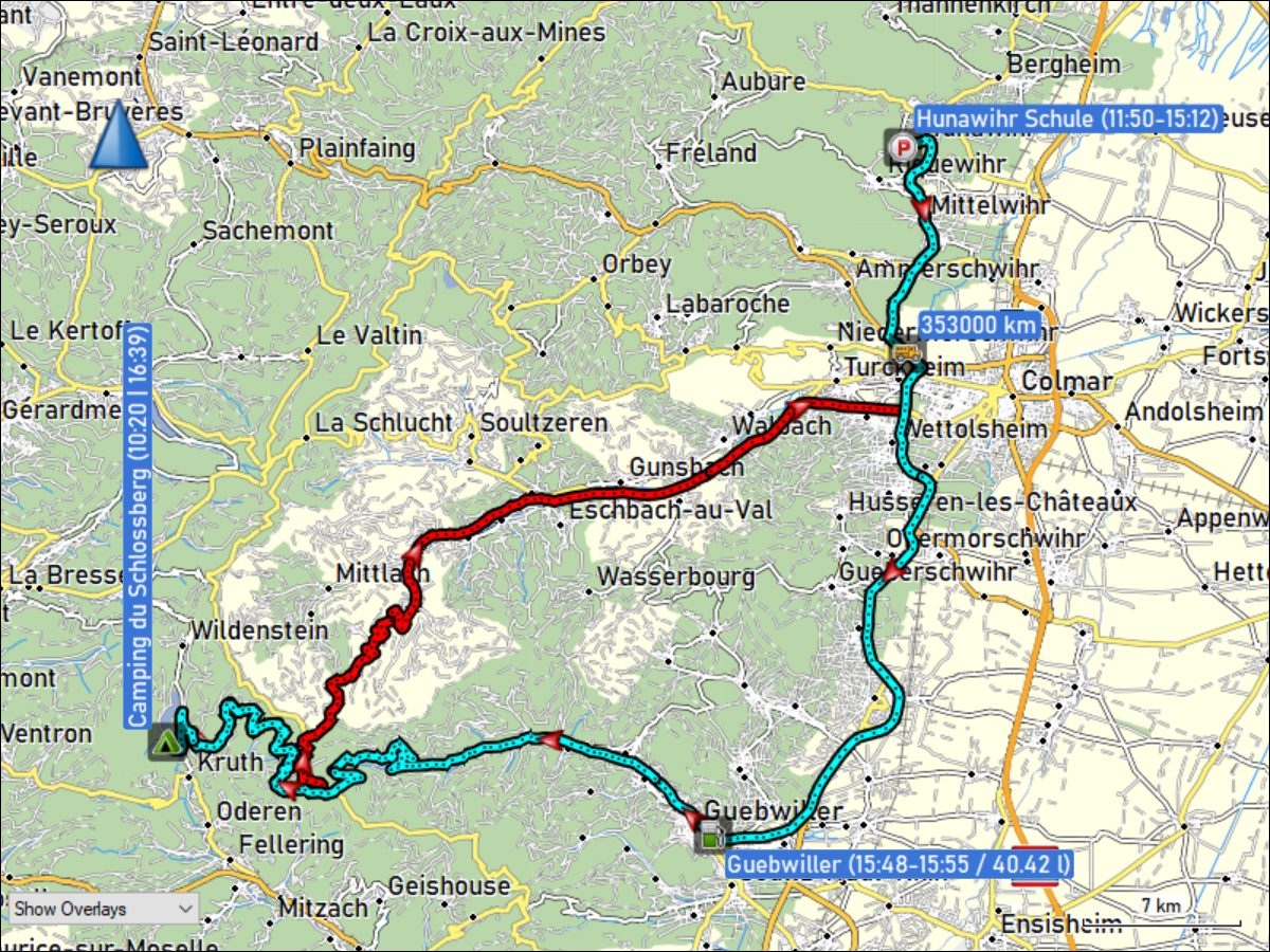 wegstrecke der fahrt vom camping du schlossberg bei kruth nach hunawihr und zurueck