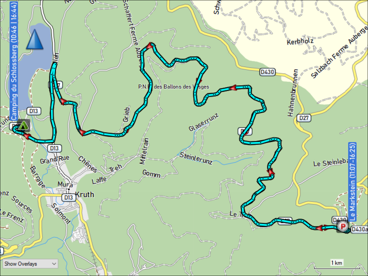wegstrecke der fahrt vom camping du schlossberg bei kruth zum le markstein und zurueck