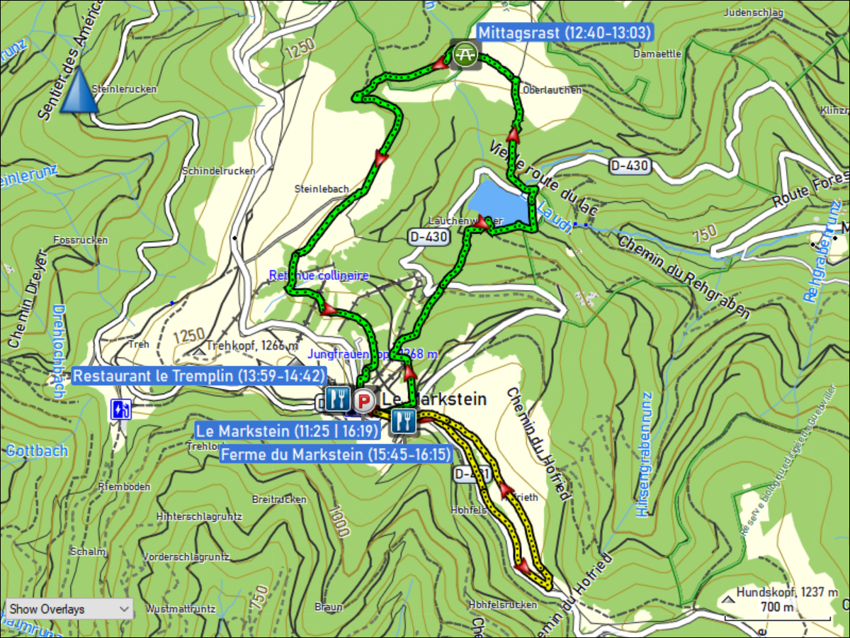 wegstrecke der rundwanderung vom le markstein um den lac de la lauch und die oberlaucher alp sowie der rundwanderung auf dem le markstein
