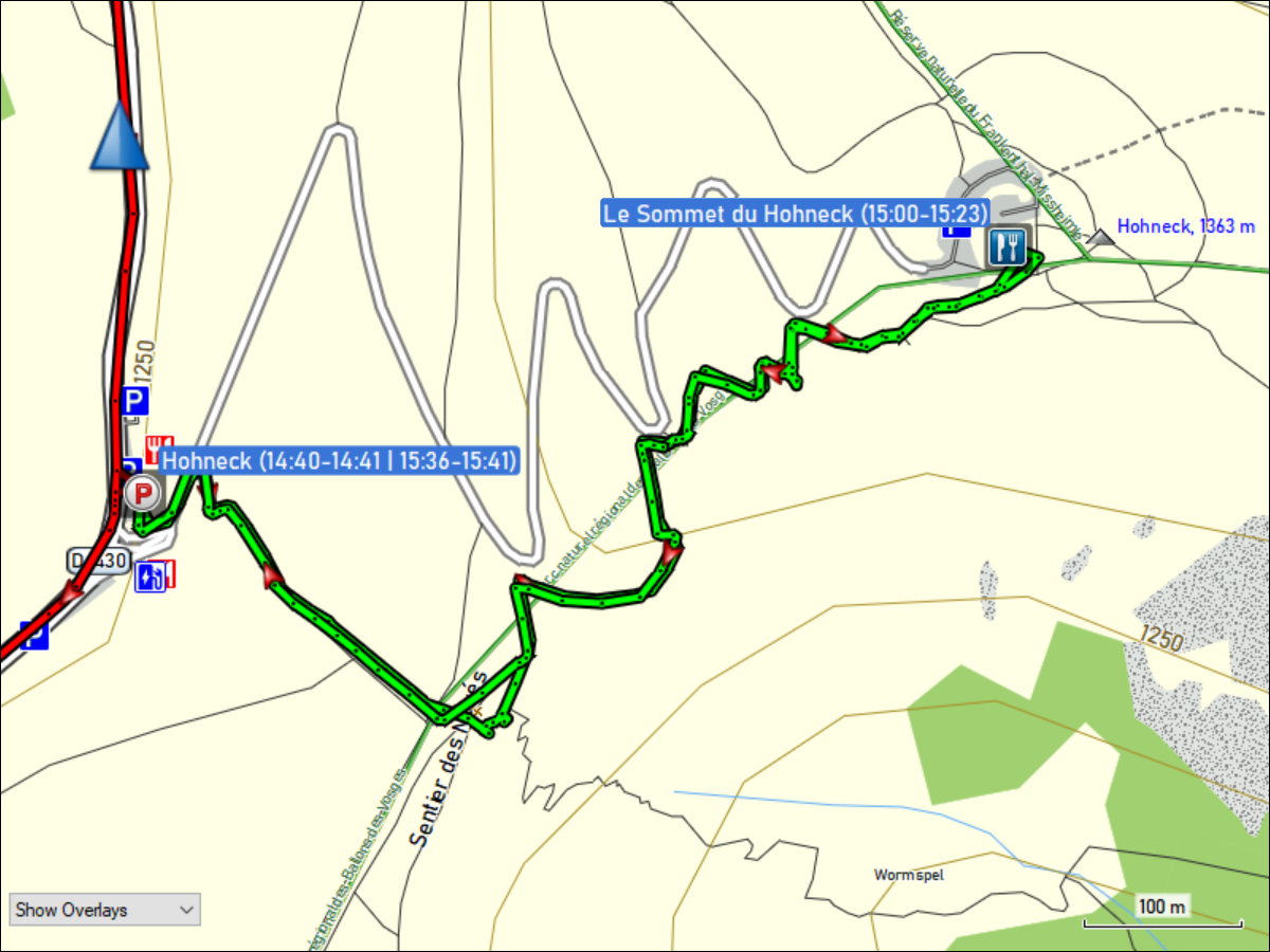 wegstrecke der wanderung vom parkplatz hohneck zum restaurant le sommet du hohneck und zurueck