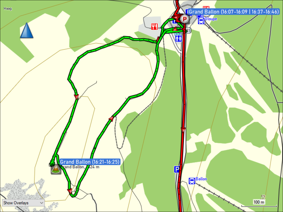 wegstrecke der rundwanderung vom parkplatz zum grand ballon und zurueck