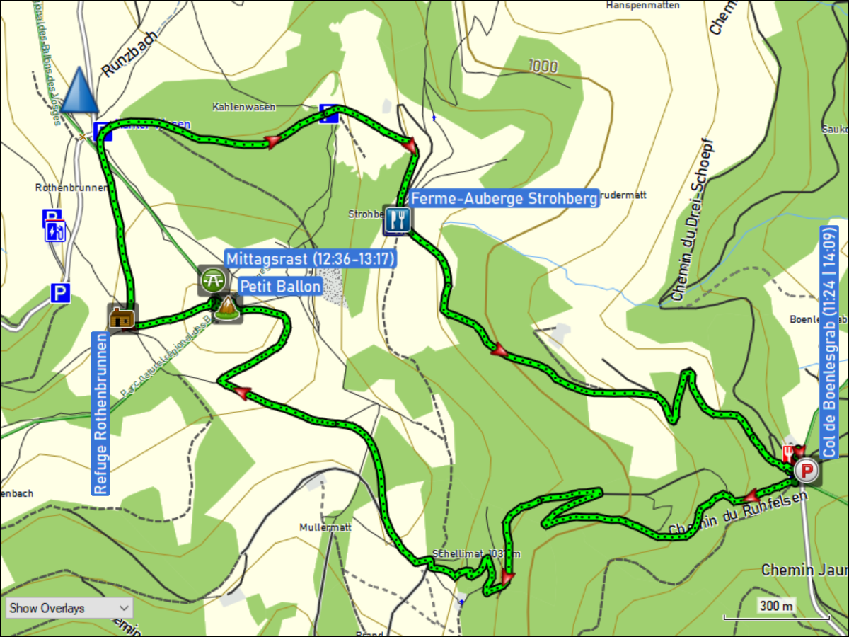wegstrecke der rundwanderung vom col de boenlesgrab auf den petit ballon und zurueck
