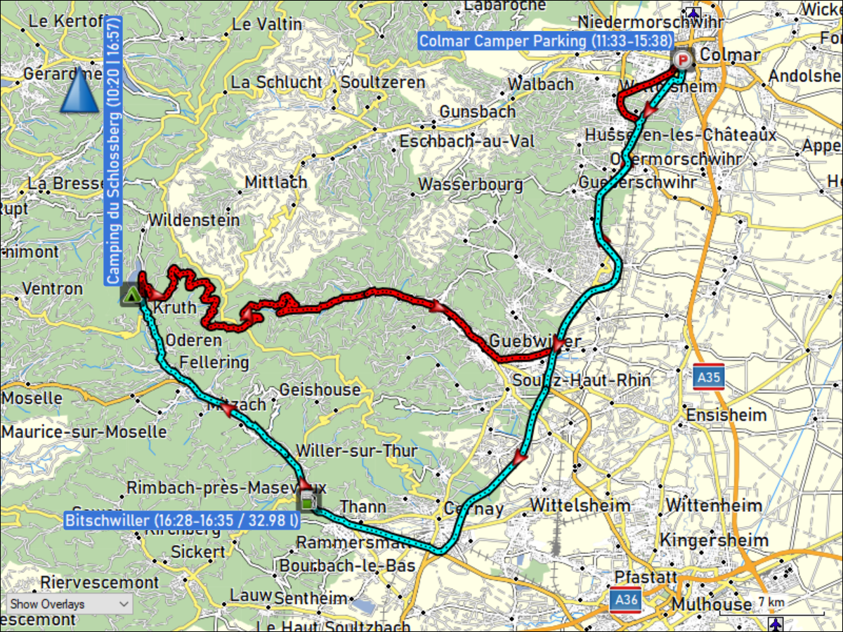 wegstrecke der fahrt vom camping du schlossberg bei kruth zum camper parkplatz in colmar und zurueck