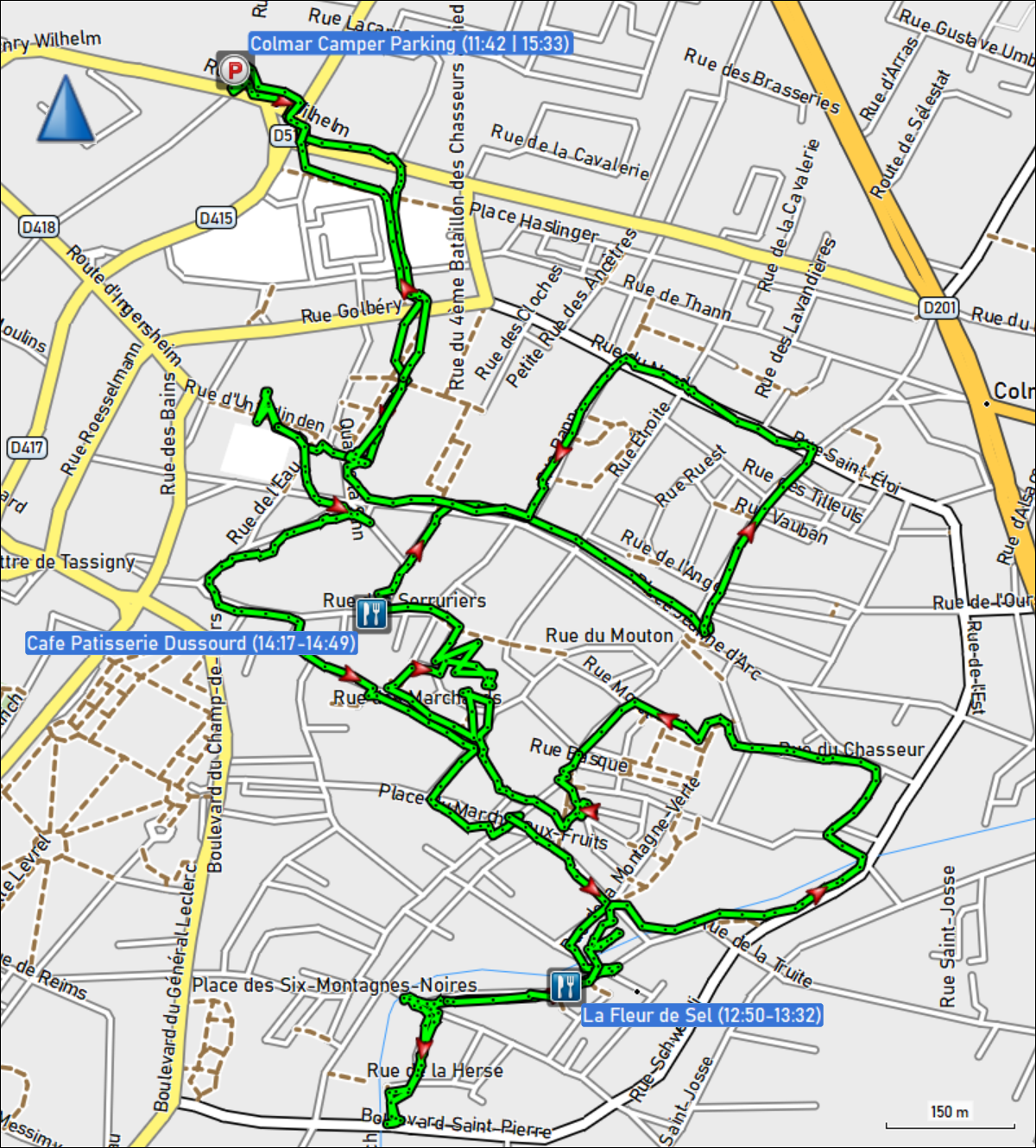 wegstrecke des stadtrundgang in colmar