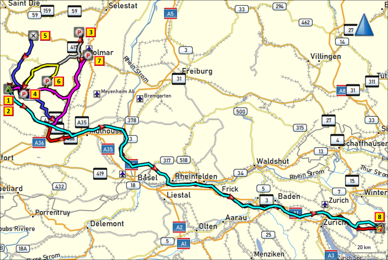 zurueckgelegte wegstrecke hin- und rueckreise von zuhause ins elsass mit tagesausfluegen