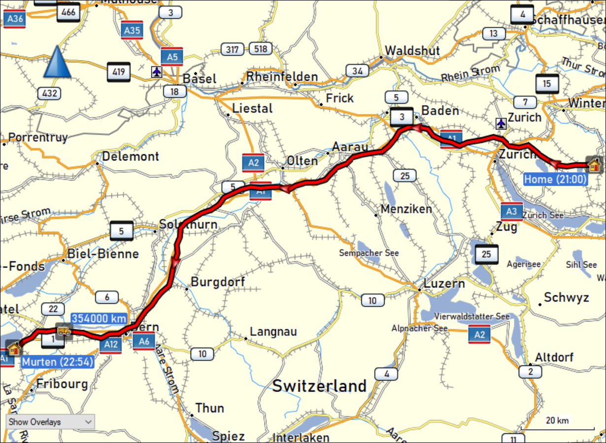wegstrecke der fahrt von daheim nach murten