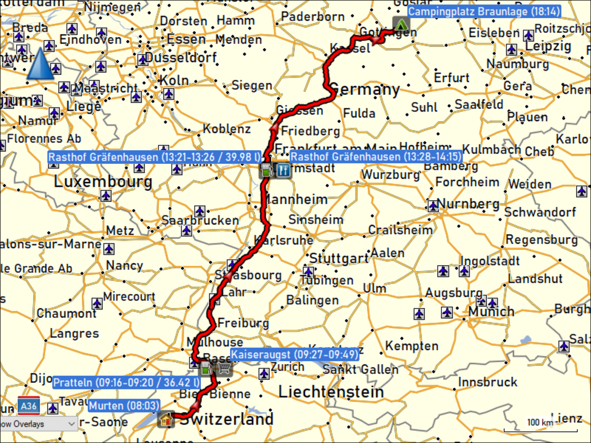 wegstrecke der fahrt von murten nach braunlage im harz