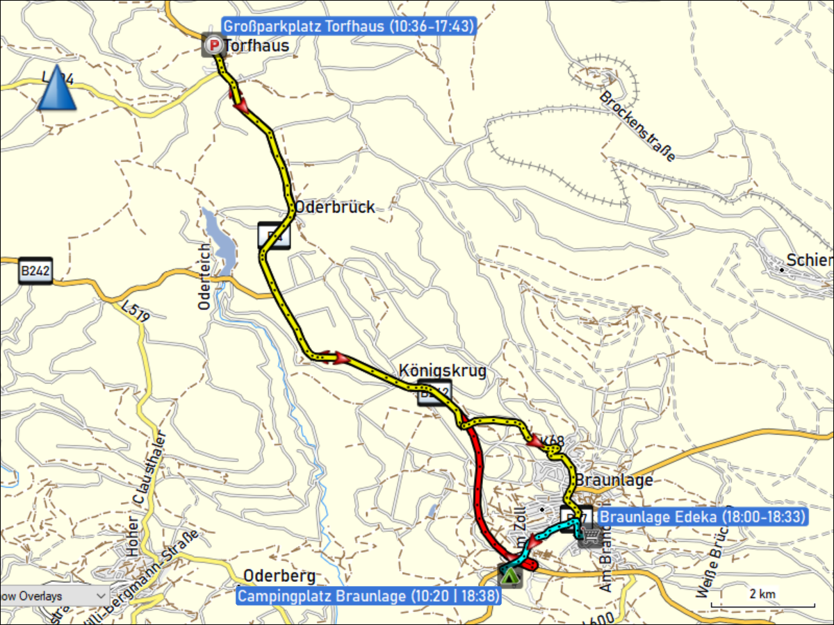 wegstrecke der fahrt vom camping braunlage nach torfhaus und via braunlage zurueck zum campingplatz