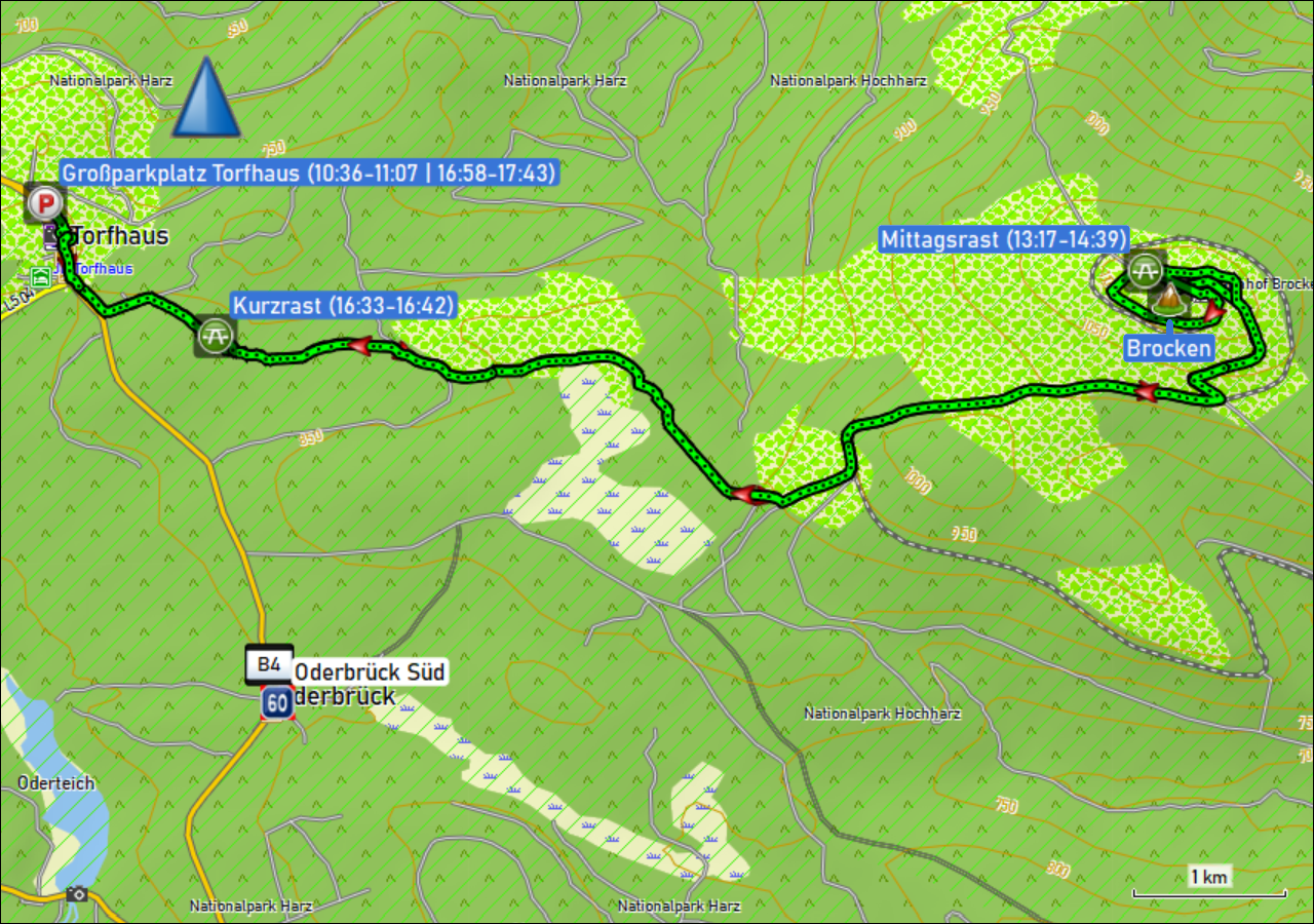 wegstrecke der wanderung von torfhaus auf den brocken und zurueck