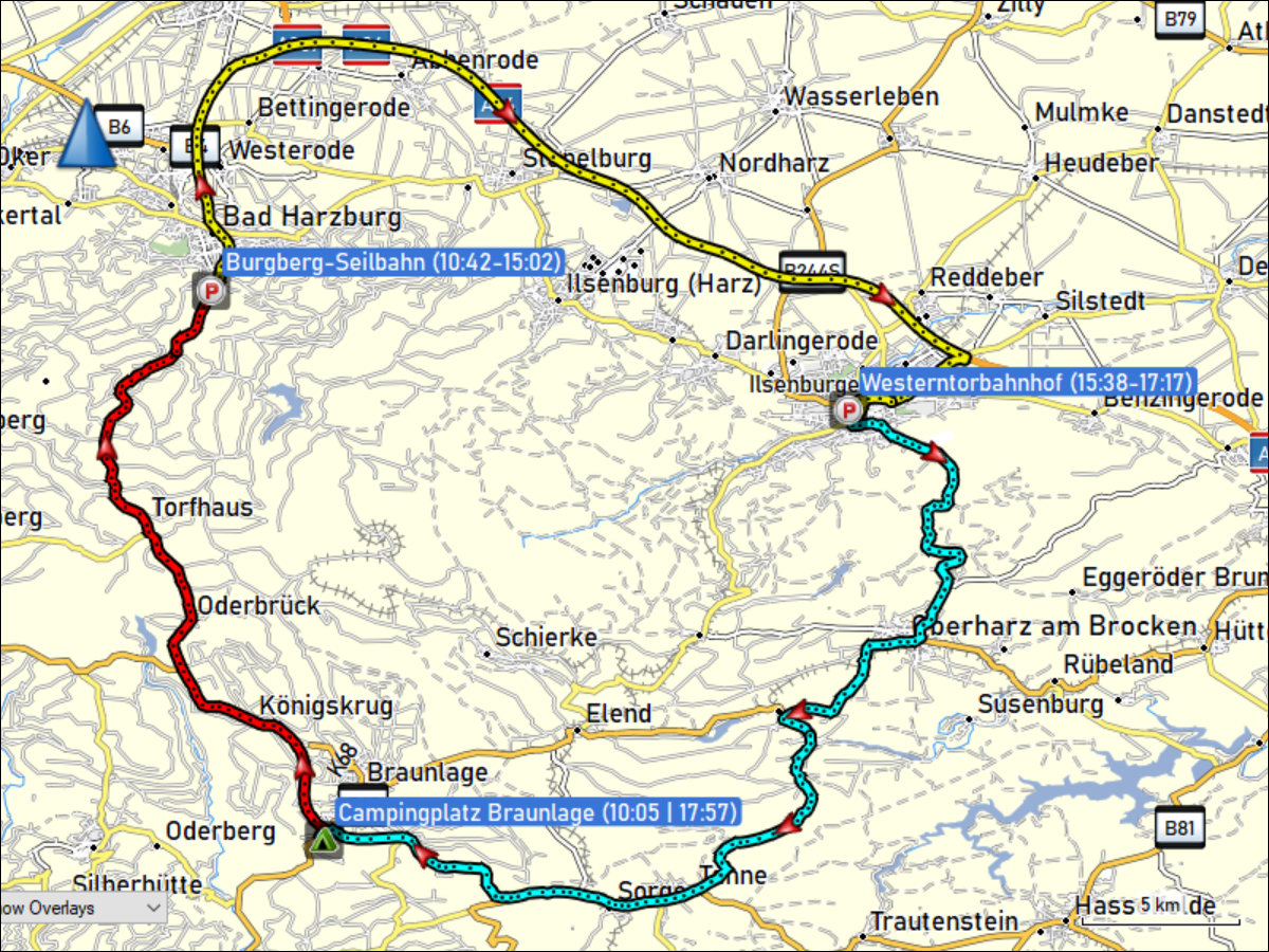 wegstrecke der fahrt von braunlage nach bad harzburg und via wernigerode zurueck nach braunlage