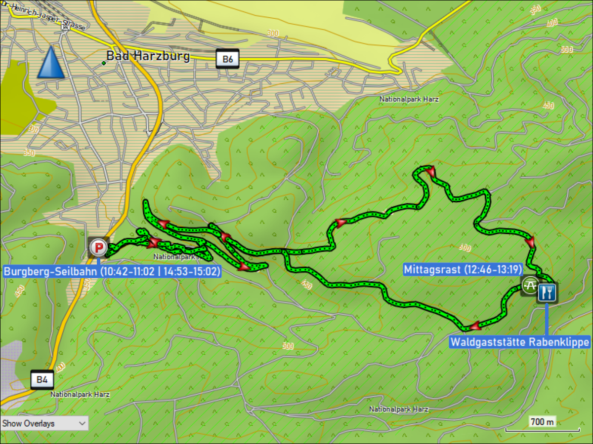 wegstrecke der wanderung vom parkplatz der burgberg-seilbahn in bad harzburg zur rabenklippe und zurueck
