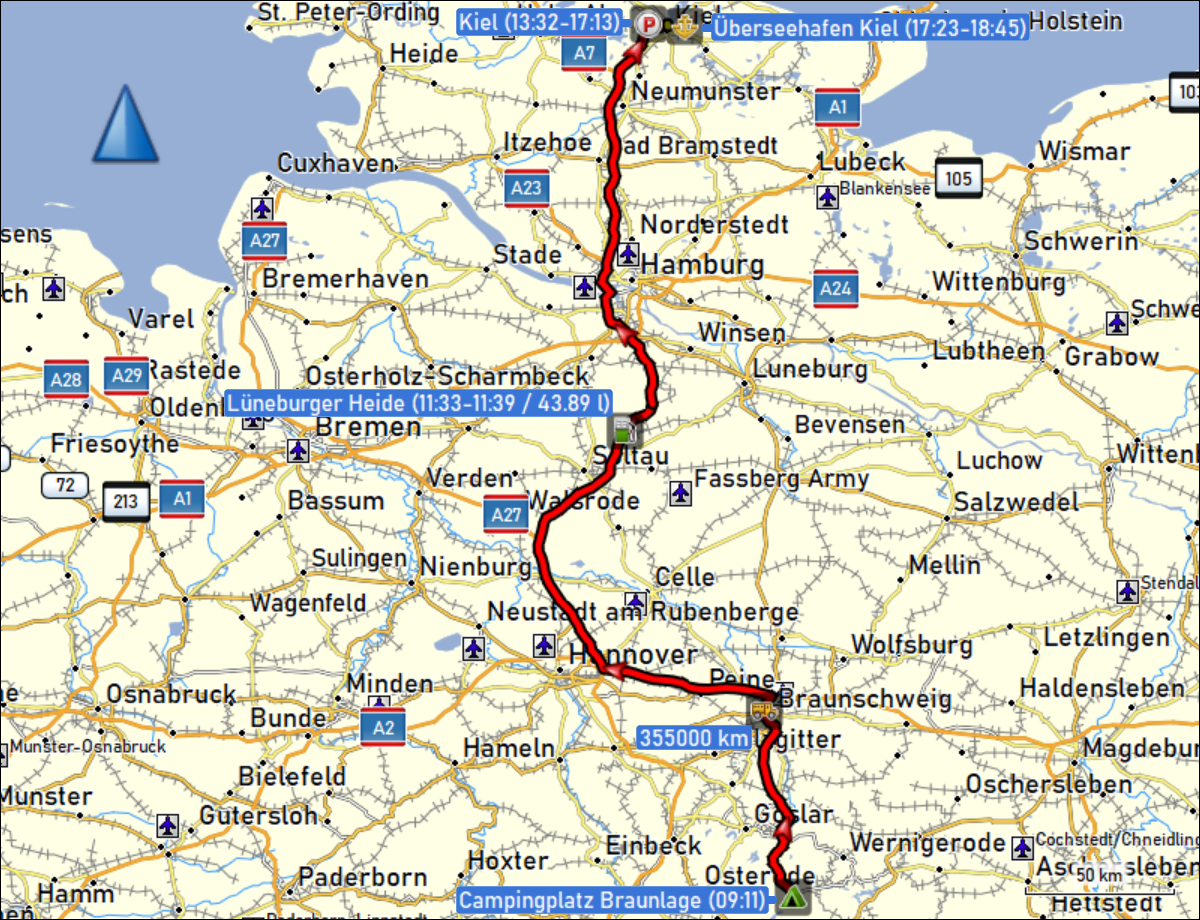wegstrecke der fahrt vom campingplatz braunlage zum ueberseehafen kiel