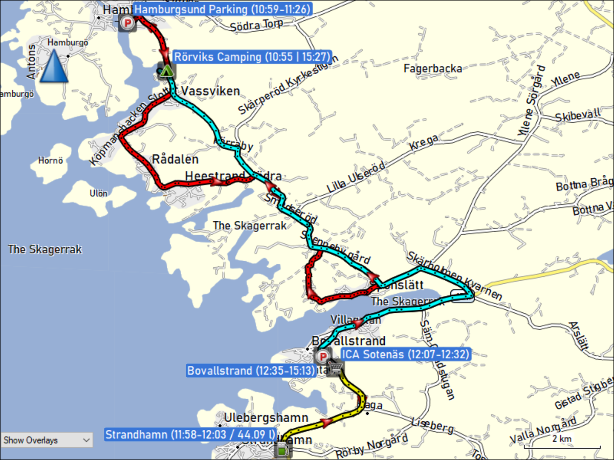 wegstrecke der fahrt von roerviks via hamburgsund, strandhamn nach bovallstrand und zurueck nach roerviks