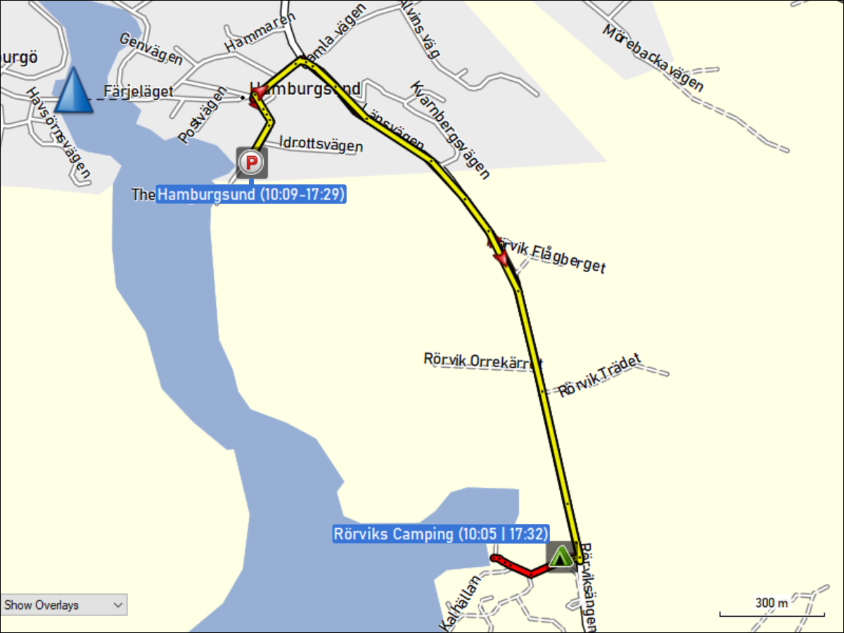 wegstrecke der fahrt vom roerviks camping zum parkplatz in hamburgsund und zurueck