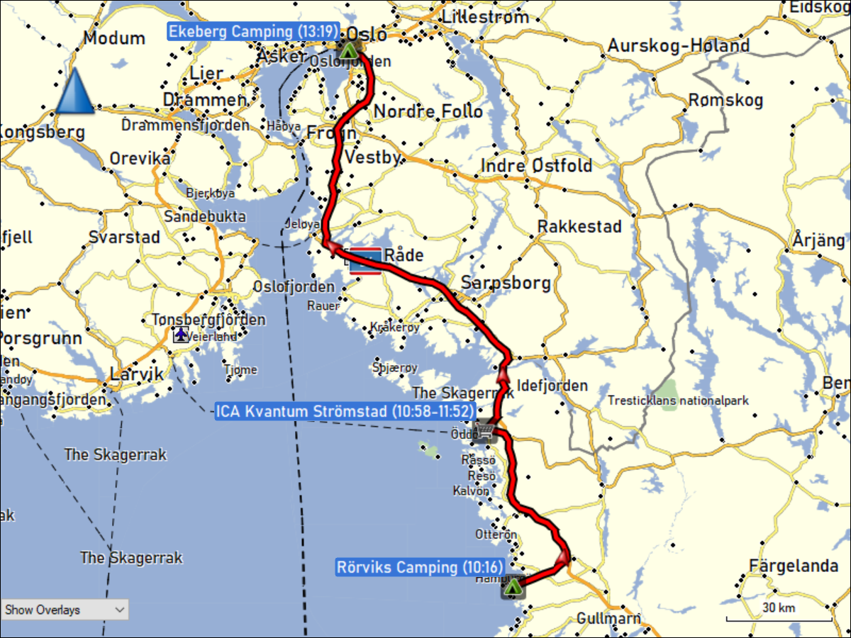 wegstrecke der fahrt vom roerviks camping zum ekeberg camping in oslo