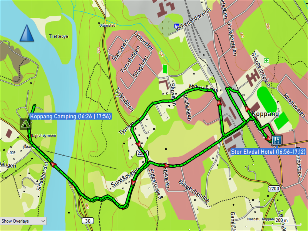 wegstrecke der rundwanderung vom campingplatz zum stor elvdal hotel in koppang und zurueck
