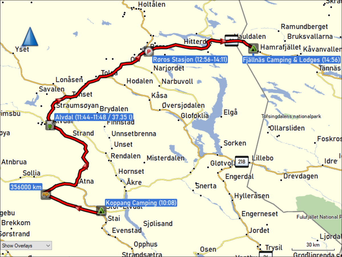 wegstrecke der fahrt vom koppang camping nach fjaellnaes camping & lodges