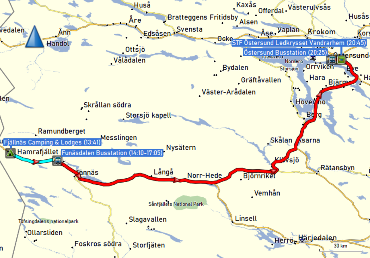 wegstrecke der busfahrt von fjaellnaes via funaesdalen nach oestersund
