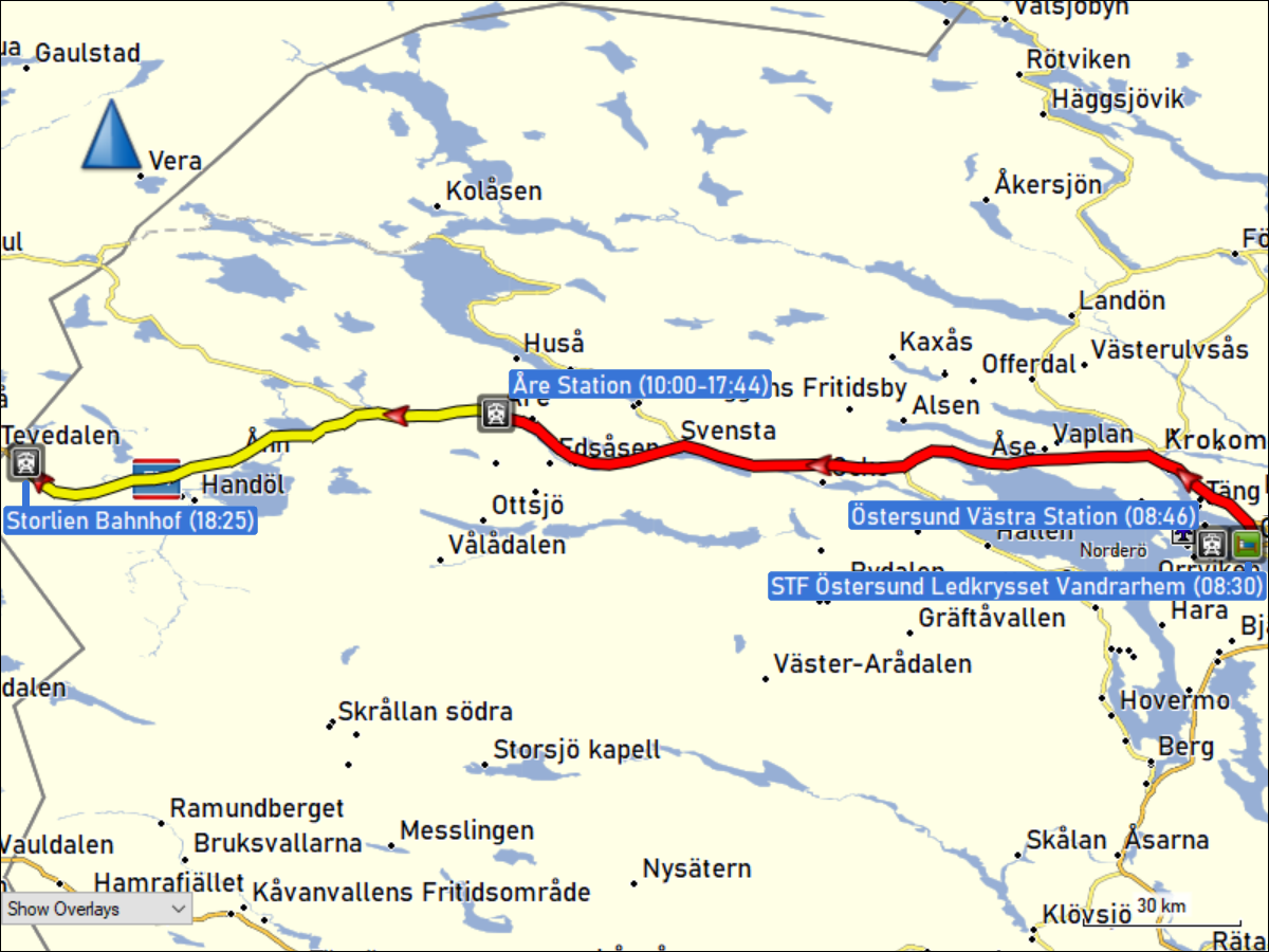 wegstrecke der zugfahrt von oestersund via are nach storlien