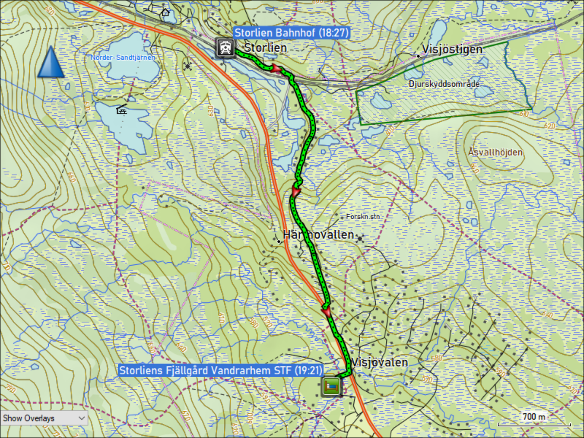 wegstrecke der wanderung vom bahnhof zum fjaellgard vandrarhem in storlien