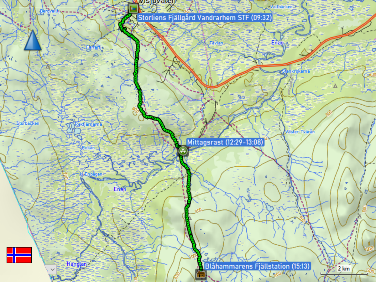 wegstrecke der wanderung vom storliens fjaellgard vandrarhem zur blahammarens fjaellstation