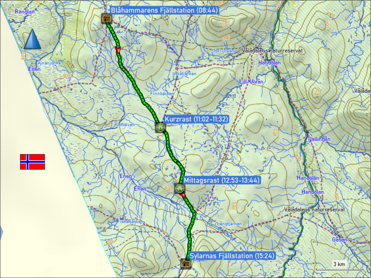 wegstrecke der wanderung von der blahammarens fjaellstation zur sylarnas fjaellstation