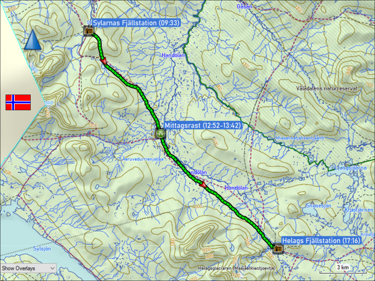 wegstrecke der wanderung von der sylarnas fjaellstation zur helags fjaellstation