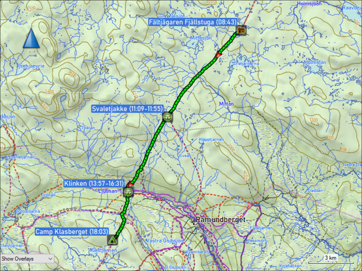 wegstrecke der wanderung von der faeltjaegarstugan zum zeltlager am klasberget