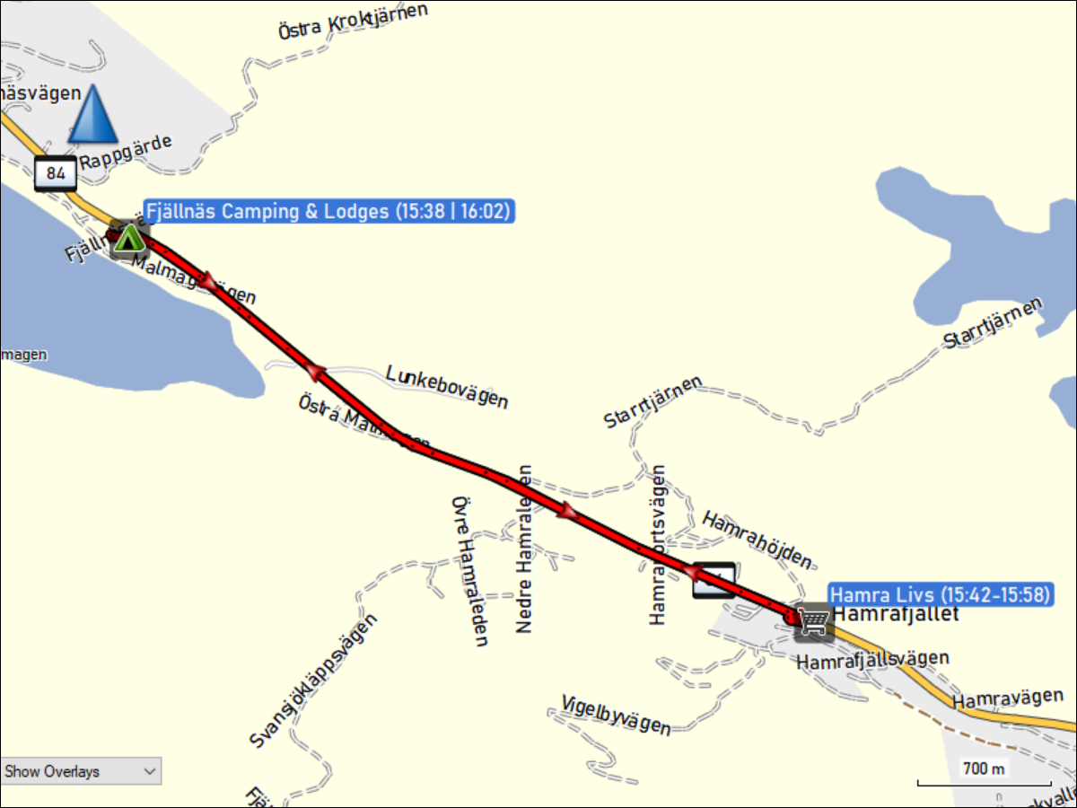 wegstrecke der fahrt vom fjaellnaes camping & lodges zum hamra livs in hamrafjaellet und zurueck