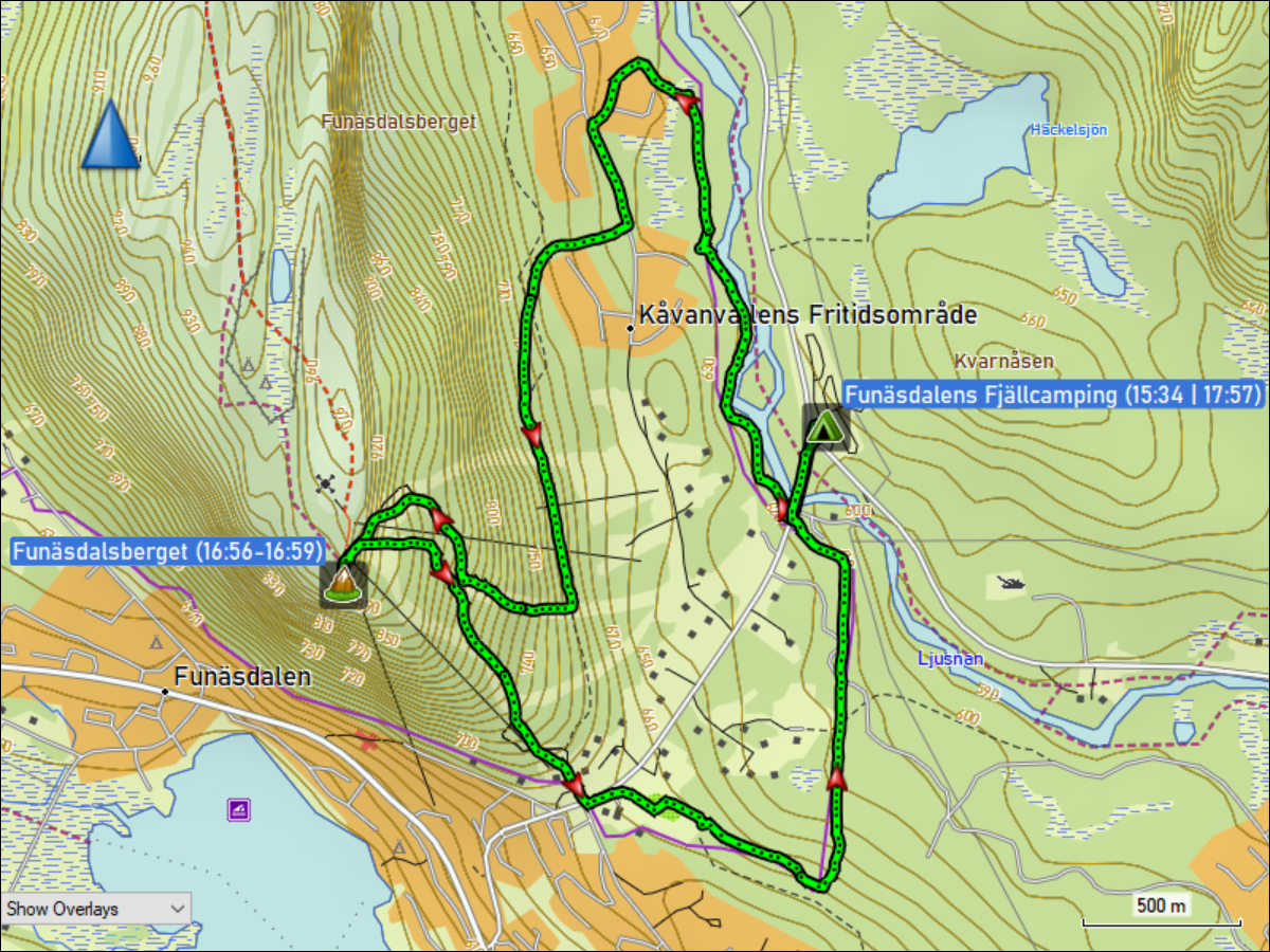 wegstrecke der wanderung vom funsdalen fjaellcamping auf den funaesdalsberget und zurueck