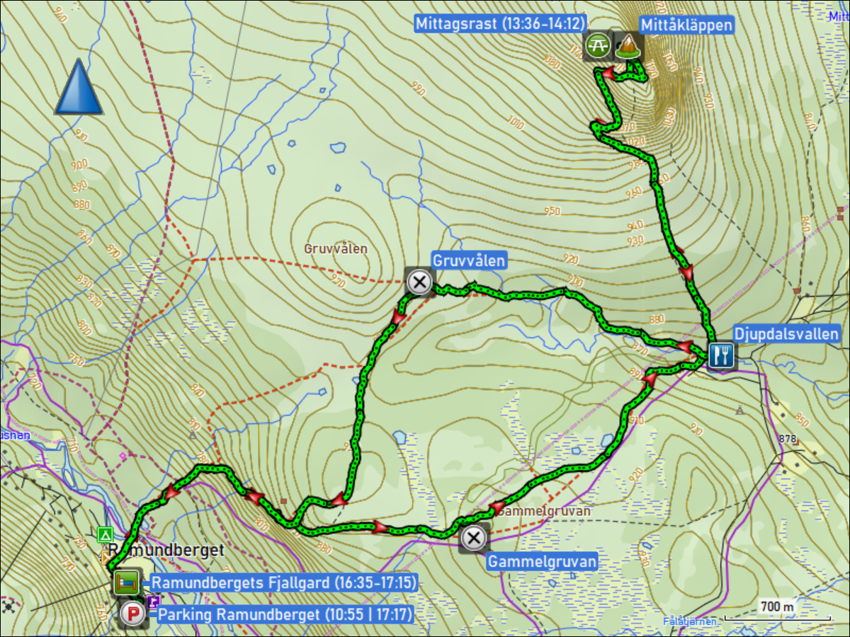 wegstrecke der wanderung vom parkplatz in ramundberget zum gipfel des mittaklaeppen und zurueck