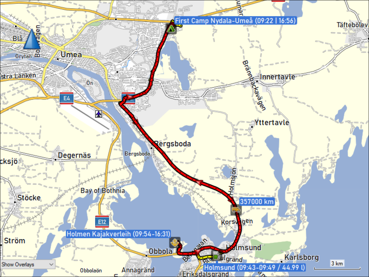 wegstrecke der fahrt vom first camp nydala-umea zum holmen kajakverleih und zurueck