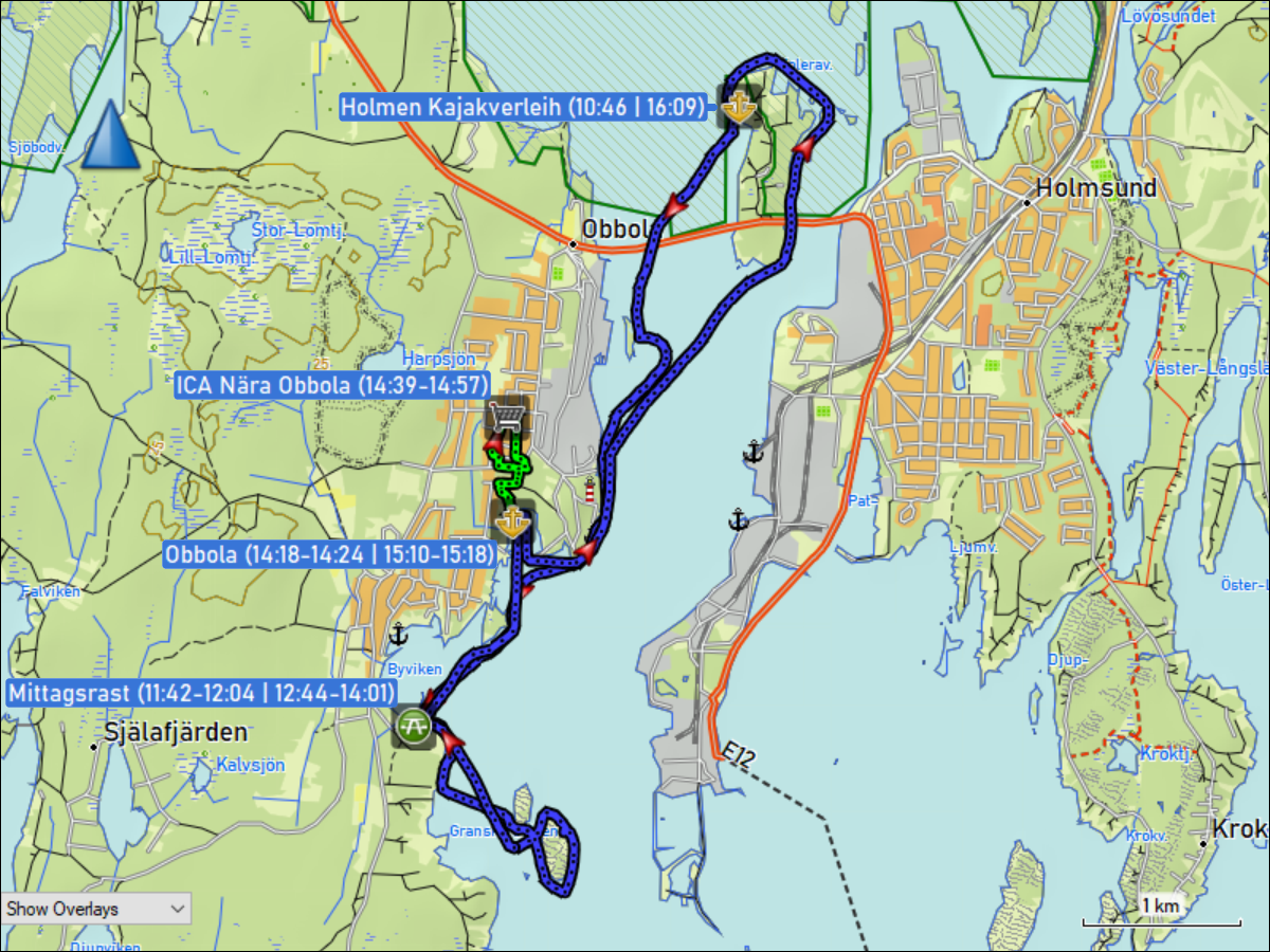 wegstrecke der kajaktour auf dem oesterfjaerden bei umea sowie des fussmarsch in obbola
