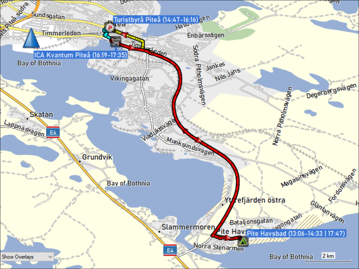 wegstrecke der fahrt vom camping pite havsbad zum touristenbuero pitea und via ICA zurueck zum campingplatz