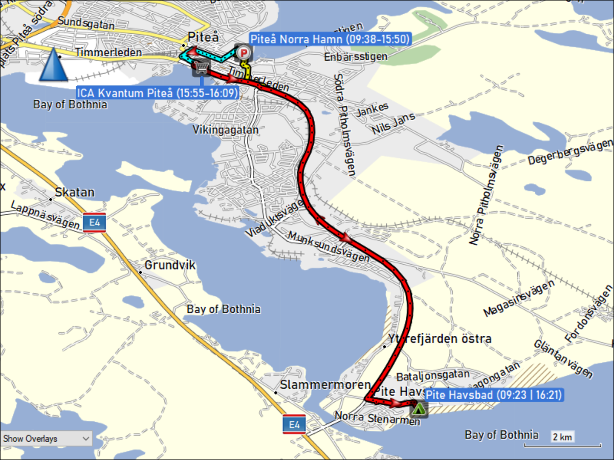 wegstrecke der fahrt vom camping pite havsbad zum parkplatz beim pitea norra hamn und via ICA zurueck zum campingplatz
