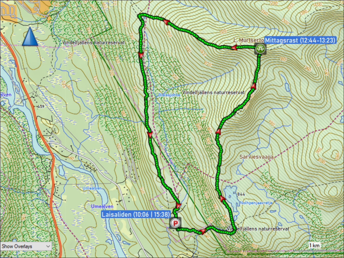 wegstrecke der wanderung vom parkplatz bei laisaliden auf den lilla murtsertoppen und ueber den drottningsleden zurueck zum parkplatz bei laisaliden