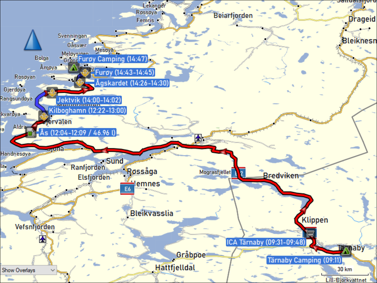 wegstrecke der fahrt vom taernaby camping zum furoy camping inklusive faehren von kilboghamn nach jektvik und von agskardet nach furoy