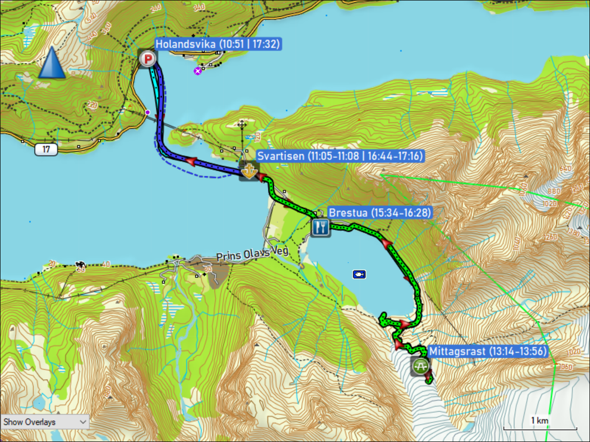 wegstrecke der bootsfahrt von holandsvika nach svartisen, wanderung zum gletscher und zurueck und rueckfahrt mit dem boot