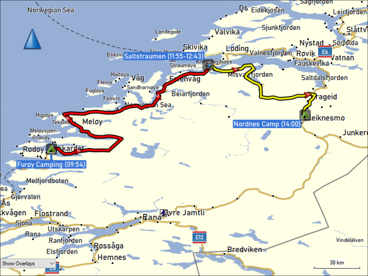 wegstrecke der fahrt vom furoy camping via saltstraumen zum nordnes camp